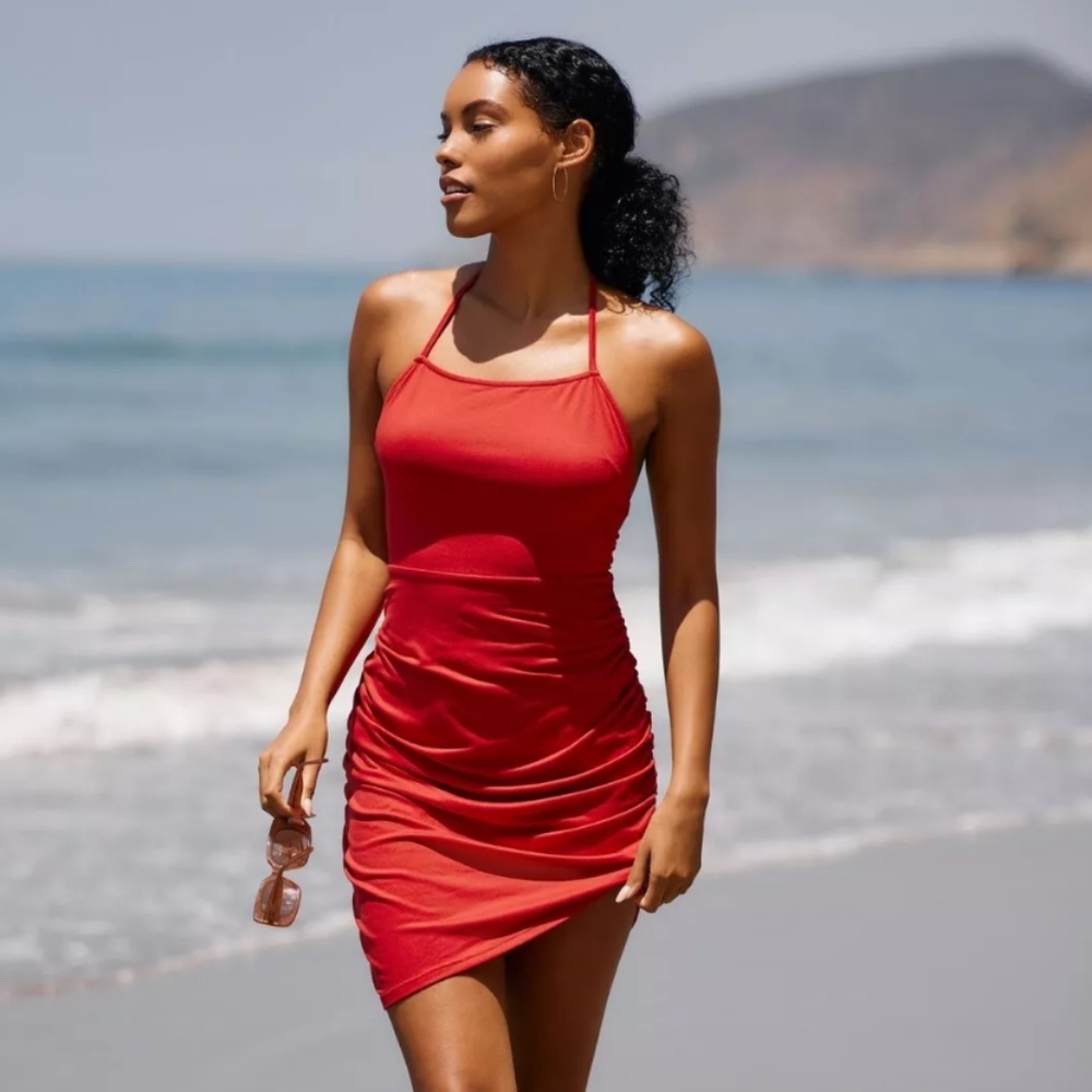 NWT Anthropologie Hutch Mini Dress XL Red Halter Ruched Asymmetrical Sexy Summer
